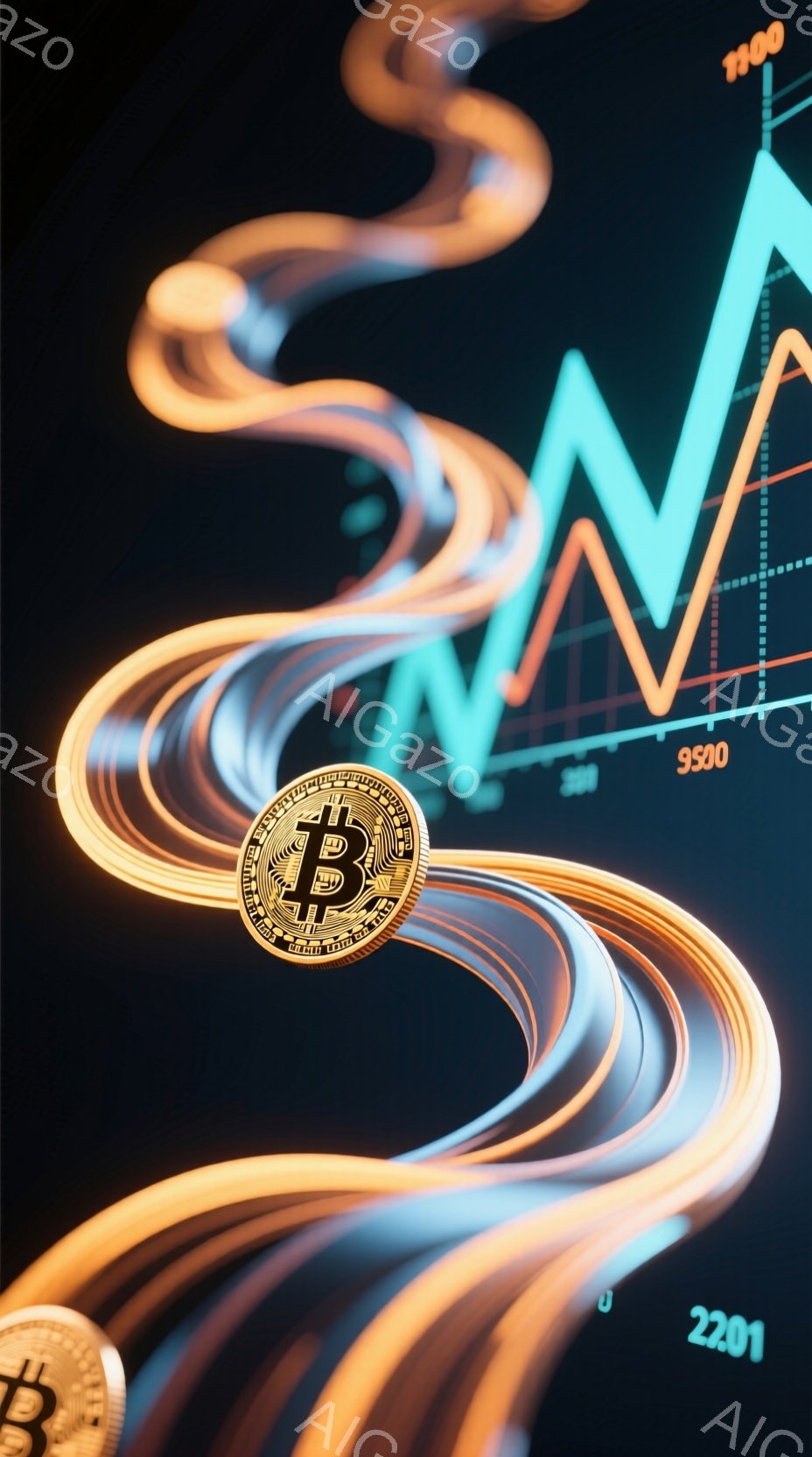 画像は暗い背景に、ビットコインのシンボルが組み込まれた光の渦巻きが描かれています。渦巻きは未来的な光の軌跡で構成され、右上に上昇するグラフの線が重なっています。全体的に、暗号資産の変動や未来的なテクノロジーのイメージを喚起させる、ダイナミックで印象的なビジュアルです。
