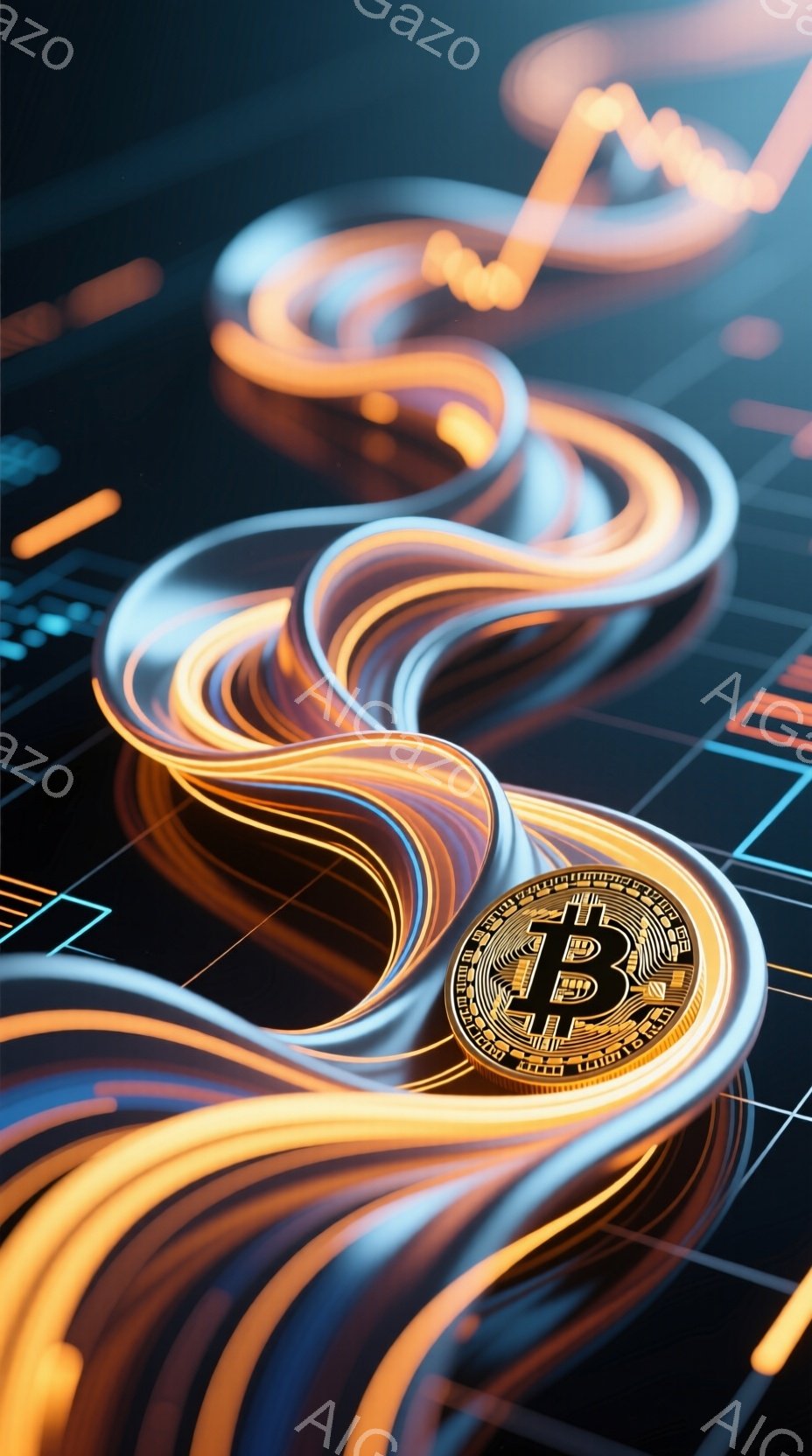 この画像は、暗い背景に浮かぶビットコインのシンボルが特徴です。そのシンボルは、らせん状に巻き付いた鮮やかなオレンジと黄色の光の軌跡によって強調され、ダイナミックで未来的な印象を与えます。背景には、グリ - AI生成フリー素材