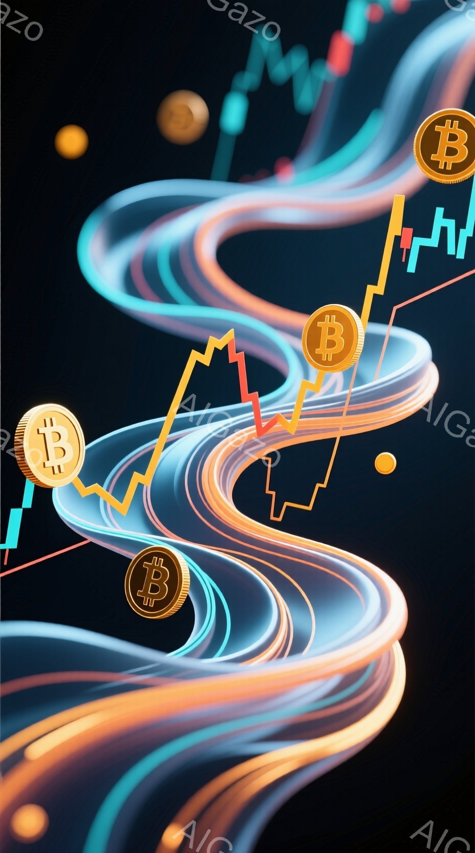 この画像は、暗い背景に鮮やかなオレンジと水色の光の渦巻きが描かれており、その上にビットコインのアイコンが散りばめられています。 光の線はグラフのような形状をとり、上昇と下降を示す曲線を描いており、投資や金融市場を連想させます。 全体的に、ダイナミックでモダンな印象を与え、テクノロジーと金融の融合を表現しているようです。