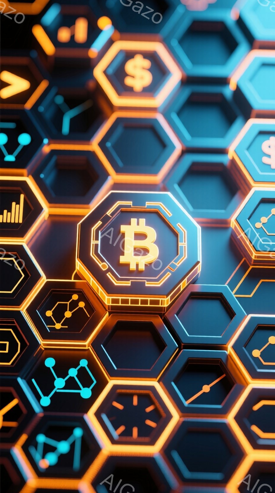 この画像は、蜂の巣のような六角形のタイルで構成された背景で、様々な金融関連のアイコンが描かれています。中央にはビットコインのアイコンが大きく配置され、周囲にはドル記号やグラフ、接続されたノードのアイコ - AI生成フリー素材