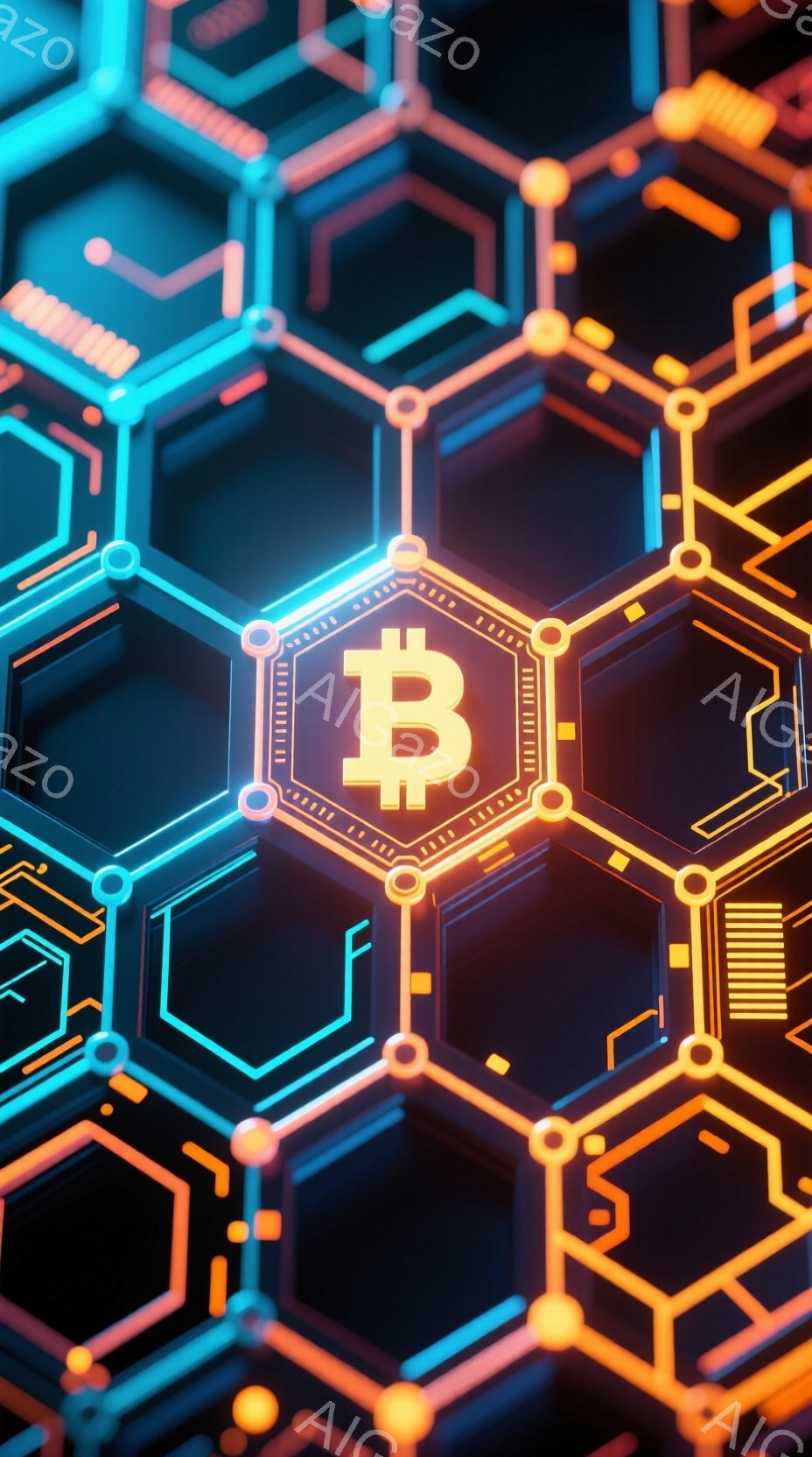 鮮やかなネオンカラーの六角形が幾重にも重なり合った抽象的な背景で、中央にはビットコインの記号が輝いています。六角形はオレンジ、青、ピンクの色調で縁取られ、未来的な回路基板のような印象を与えます。全体的 - AI生成フリー素材