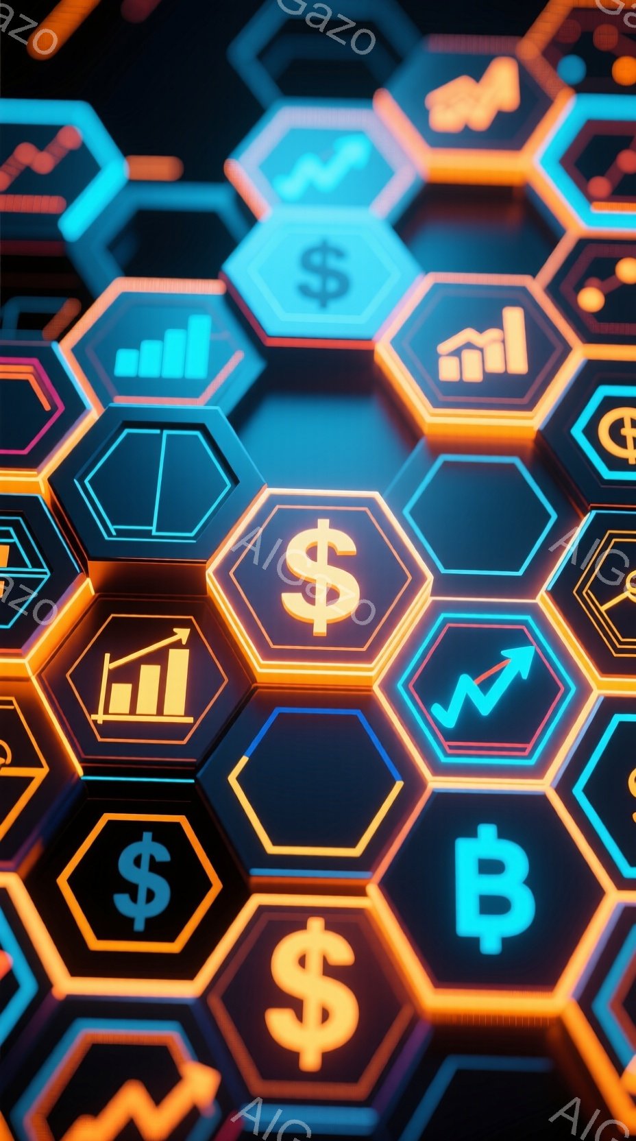 画像は、様々なアイコンが配置された六角形のグリッドパターンで構成されています。ドル記号、グラフ、家、ビットコインの記号などが鮮やかなネオンカラーで強調されており、暗い背景の中で光を放っています。全体的に、テクノロジー、金融、未来的な雰囲気を感じさせる抽象的なデザインです。