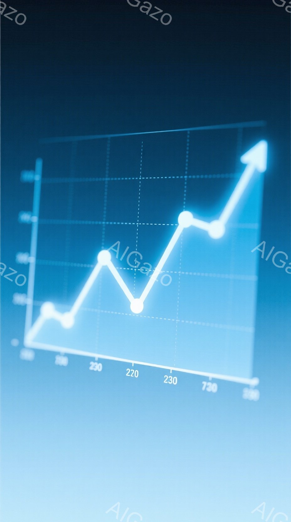 この画像は、明るい水色の背景に描かれた株価チャートを表しています。 白い線が、数値軸に沿って上昇と下降を繰り返しながら右肩上がりに伸びています。 全体的に、成長やポジティブなトレンドを示す、未来志向の - AI生成フリー素材