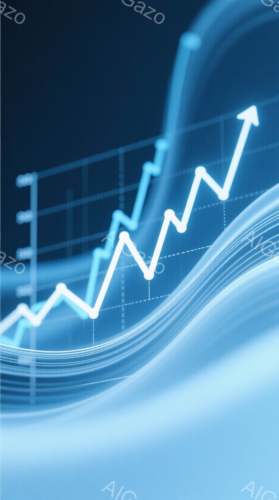 鮮やかな青色の背景に、上昇傾向を示すグラフが描かれています。グラフは白く光り、その下には曲線状の光の帯が幾重にも重なり、未来への躍動感や成長を表現しています。全体として、明るくポジティブな印象を与える - AI生成フリー素材