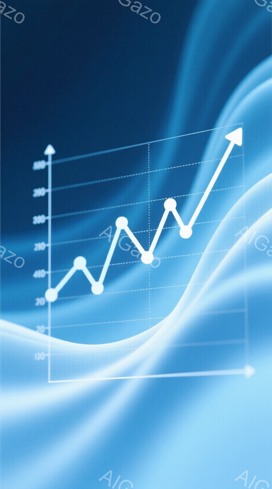 この画像は、青い背景に白い線で描かれた上昇トレンドのグラフを示しています。グラフは右肩上がりに推移し、いくつかのピークと谷があり、成長と変動を示唆しています。背景は明るい青色から暗い青色へのグラデーシ - AI生成フリー素材