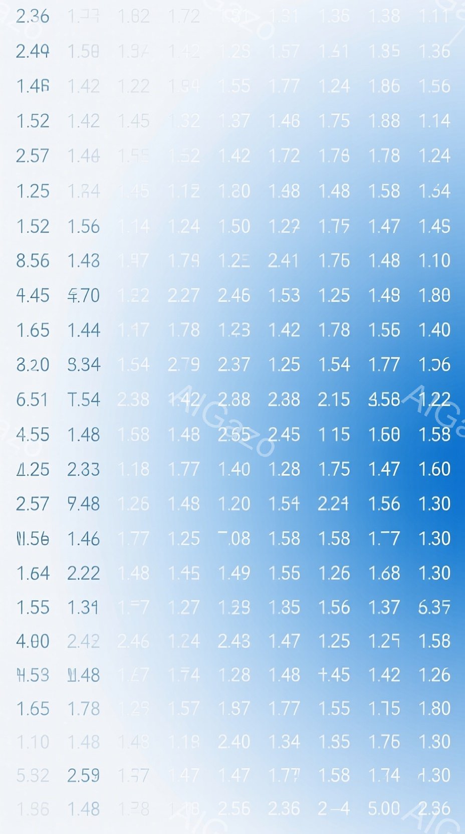 画像全体は数値で埋め尽くされており、人物や背景といった具体的な要素は存在しません。無秩序に配置された数字は、視覚的なノイズを生み出し、単調で抽象的な印象を与えます。この画像は、デジタルな情報過多や、意味のないデータの羅列を表現している可能性があります。