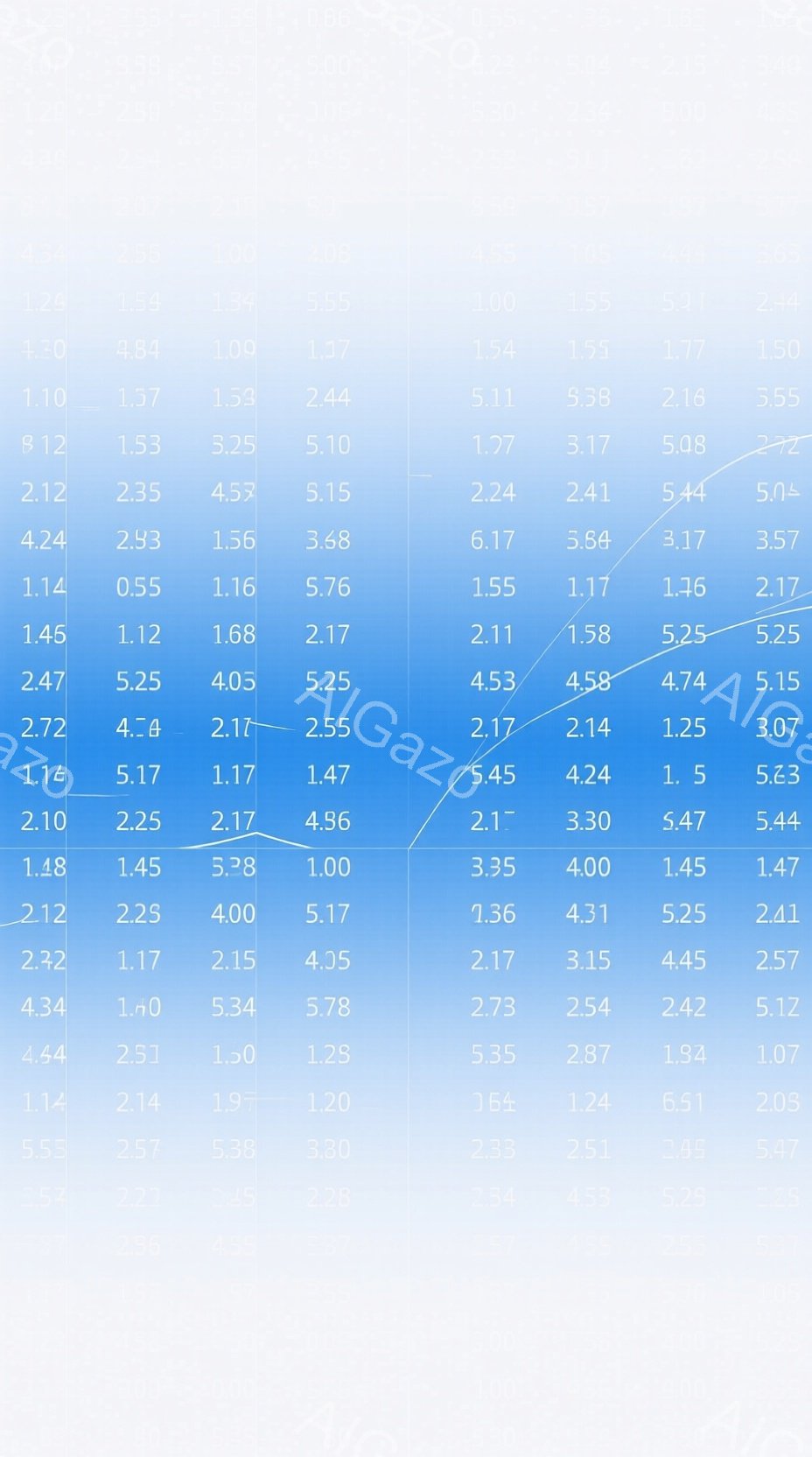 抽象的な数値の配置が全体を覆い、色彩は単調で、ほぼ白地に数字が並んでいる状態です。特定の人物や風景は見当たらず、データやコードのような印象を与えます。この構成は、秩序と無秩序が混ざり合った、複雑な視覚的パターンを作り出しています。