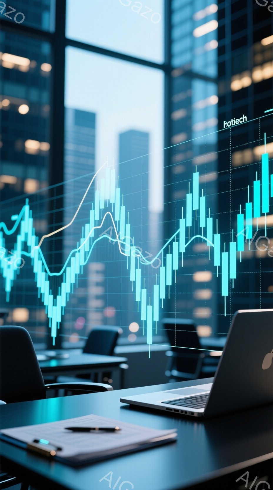 現代的なオフィス空間で、デスクトップにはノートパソコンとメモ帳が置かれています。背景には高層ビル群がぼやけて写り、窓を通して光が差し込み、青色の株価チャートが重ねられています。全体的に、ビジネスや金融 - AI生成フリー素材