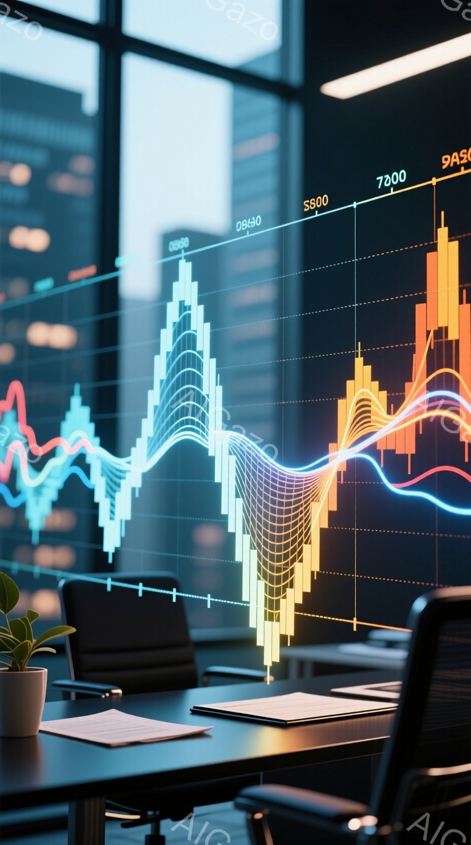 この画像は、オフィス空間を捉えており、背景には高層ビル群が見える窓が広がっています。デスクの上にはノートパソコンと書類が置かれ、その背後に株価チャートのようなグラフが光って表示されています。全体的に、 - AI生成フリー素材