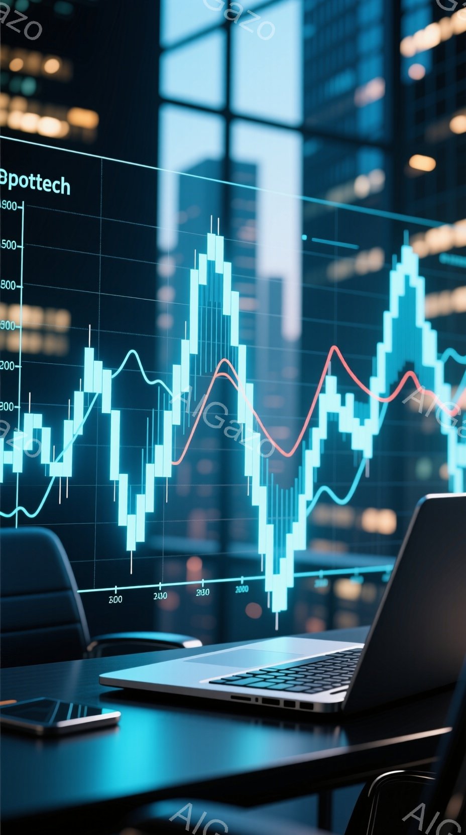 グラフが背景に大きく映る室内で、開いたノートパソコンが手前に置かれている。グラフは明るい青と赤の線で構成され、株価やデータ分析を連想させる。暖色系の光が室内を照らし、近代的なオフィス空間の落ち着いた雰囲気を醸し出している。