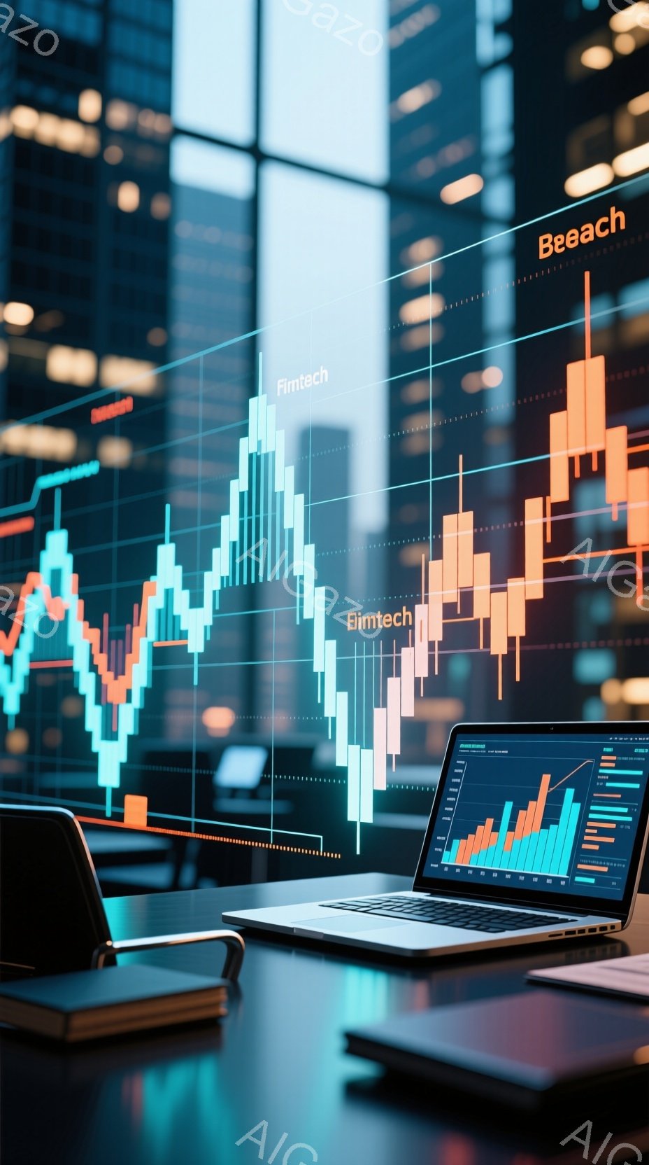 鮮やかな色の棒グラフが窓ガラスに映り込み、近代的なオフィス空間を彩っています。机の上にはノートパソコンとノートが置かれており、ビジネスや金融に関連するデータ分析の様子が窺えます。全体的に、革新的で活気のある雰囲気を感じさせる画像です。