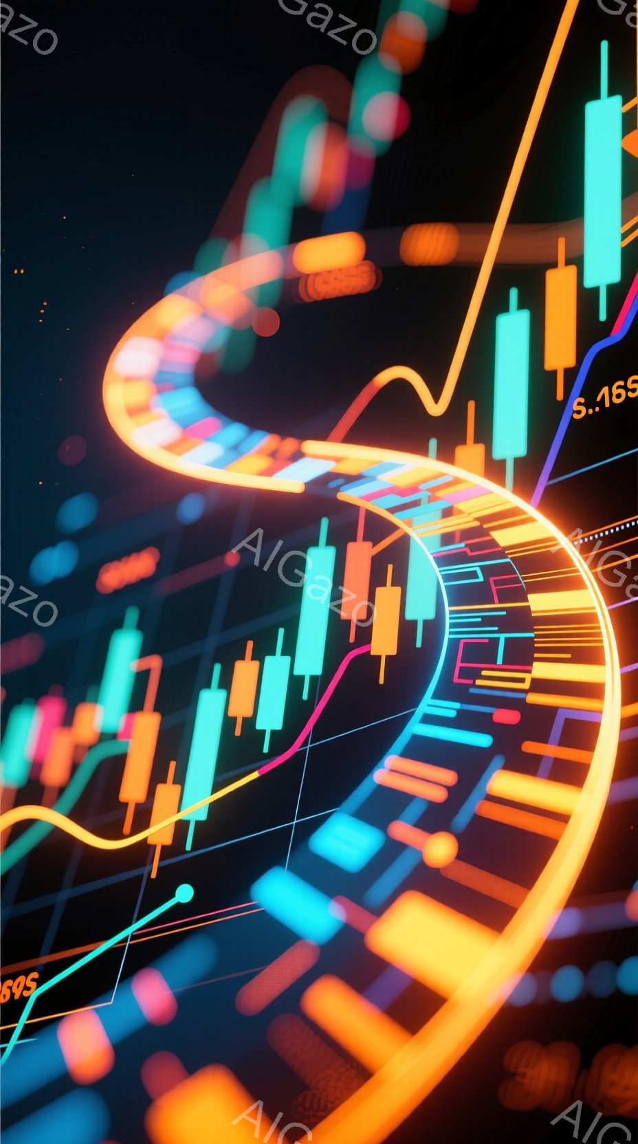 この画像は、鮮やかなネオンカラーの線が交差する抽象的な表現で、株価チャートのような棒グラフが前景に配置されています。背景には、DNAの二重螺旋構造を模した光のラインが広がり、科学技術と金融市場の融合を暗示しています。全体的に、ダイナミックで未来的な雰囲気があり、革新と成長を象徴しているように見えます。