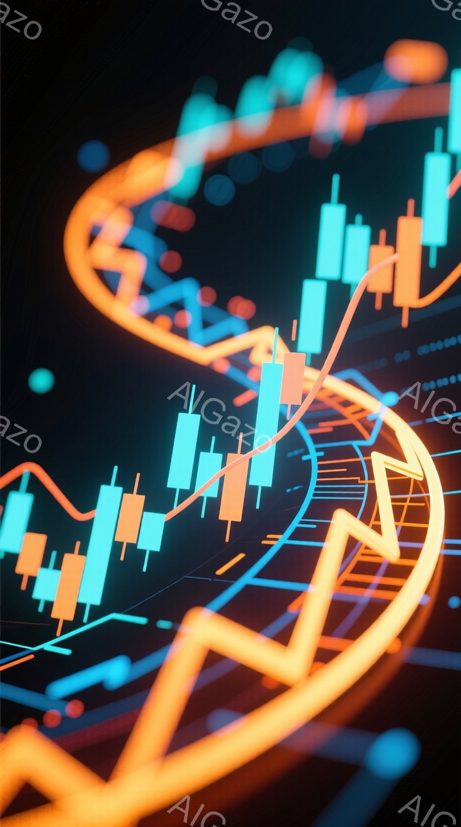 鮮やかなターコイズブルーとオレンジ色の線が交差する、未来的なイメージです。DNAの二重らせん構造と、株式市場のローソク足チャートが重ね合わされており、科学と金融が融合したような印象を与えます。背景は暗く、光の軌跡が散りばめられており、ダイナミックでテクノロジー感あふれる雰囲気を醸し出しています。