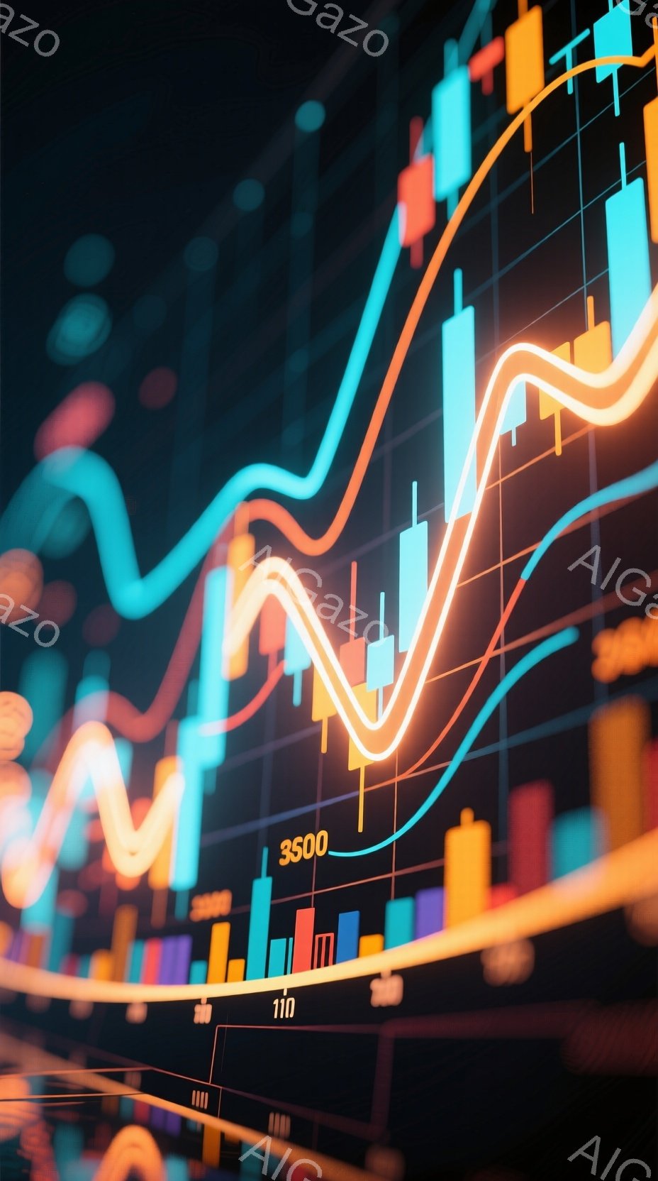 この画像は、カラフルな棒グラフと線グラフが重なり合った抽象的な表現です。オレンジ、青、ピンクなどの鮮やかな色が使用されており、特に線グラフがダイナミックな動きを示しています。背景は暗く、グラフが際立つ - AI生成フリー素材