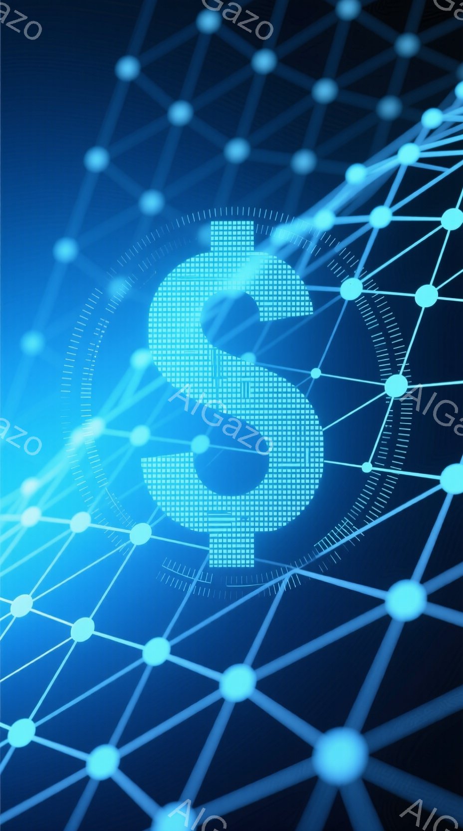 この画像は、青色の背景に、デジタルな繋がりを表現する光のネットワークが広がっています。中央には、デジタルピクセルで構成された大きなドル記号($)が配置されており、金融や経済、テクノロジーの概念を象徴しているように見えます。全体的に未来的な雰囲気で、デジタル通貨やオンライン取引を連想させるデザインです。