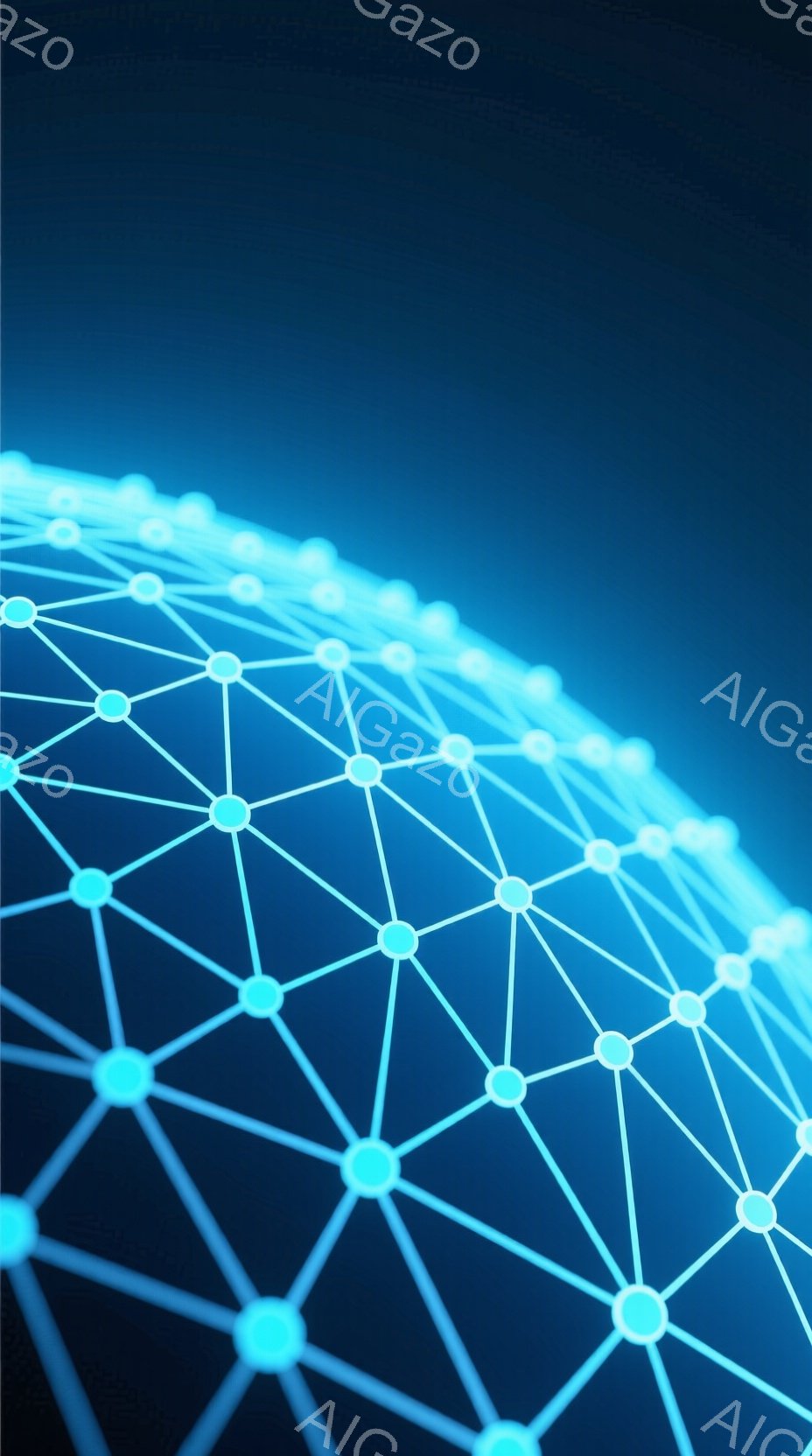 この画像は、明るい水色の線で構成された球体のネットワーク構造を表現しています。球体は光沢があり、まるでデジタルな地球儀のようです。暗い青色の背景がネットワークを際立たせ、未来的な雰囲気を作り出しています。