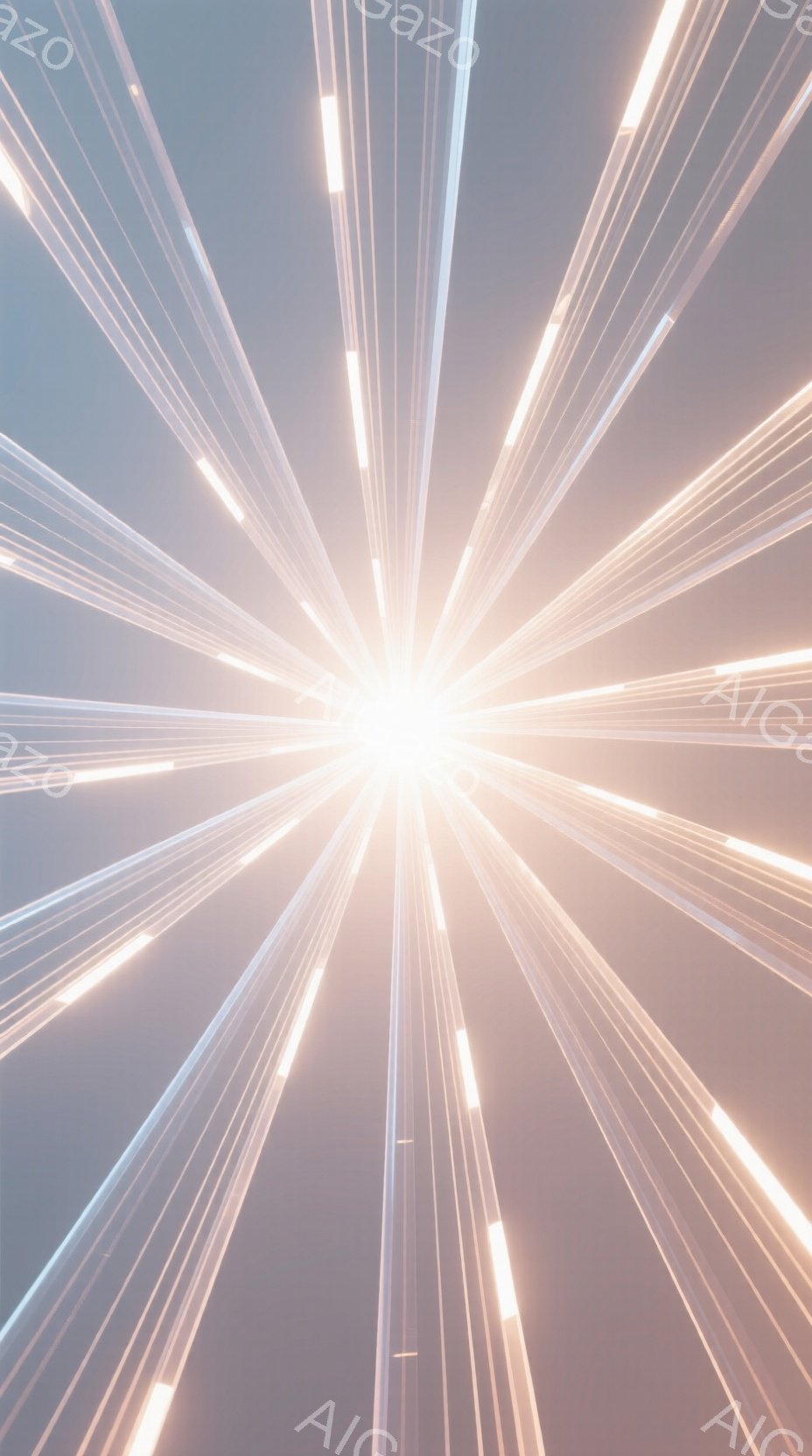 眩い光の中心から、無数の光線が放射状に広がっている様子が描かれている。光線は明るい白と淡いオレンジ色を帯びており、まるでエネルギーが爆発するようなダイナミックな印象を与える。背景はぼやけており、光線の - AI生成フリー素材
