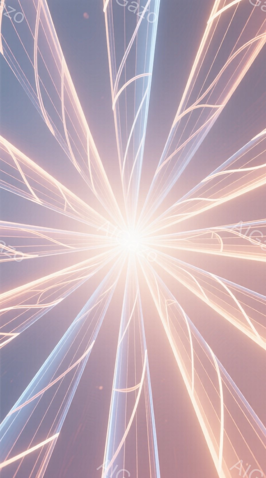 鮮やかな光の中心から、無数の細い光線が放射状に広がっている様子が描かれている。光線は白とオレンジ色が混ざり合い、まるでエネルギーが爆発しているかのような印象を与える。背景は暗い青色で、光のコントラスト - AI生成フリー素材