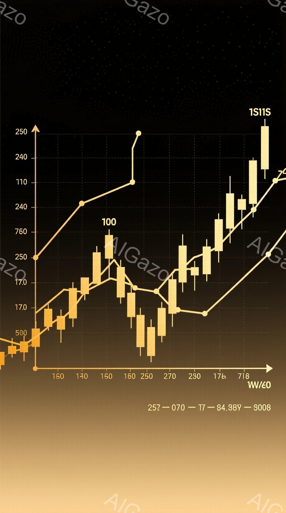 この画像は、キャンドルチャートの形式で示された金融市場のデータを示しています。チャートは時間経過とともに価格変動を表しており、上昇トレンドを示唆する一連の緑と赤のキャンドルで構成されています。背景はグ - AI生成フリー素材