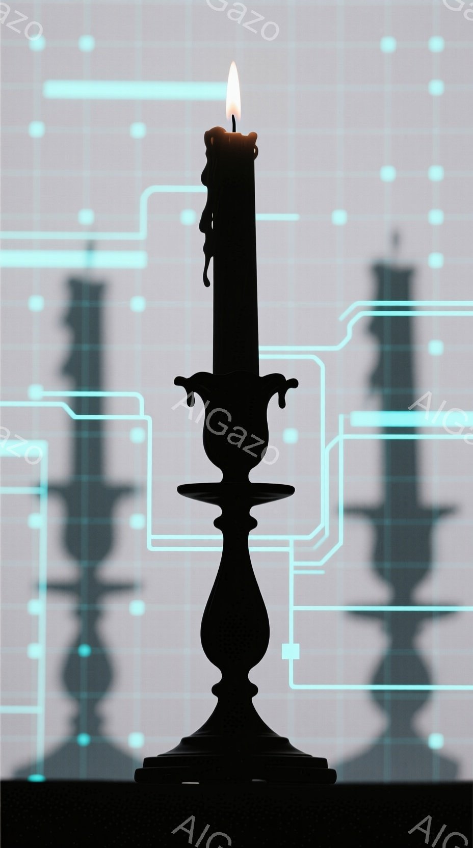 シルエットで描かれた燭台が中央に配置され、燃え盛るロウソクの炎が印象的です。背景は薄いグレーを基調とし、明るいターコイズブルーの線が複雑に交差する未来的なパターンが広がっています。全体的に、クラシカルな燭台とモダンな背景のコントラストが、荘厳でありながらも技術的な雰囲気を醸し出しています。