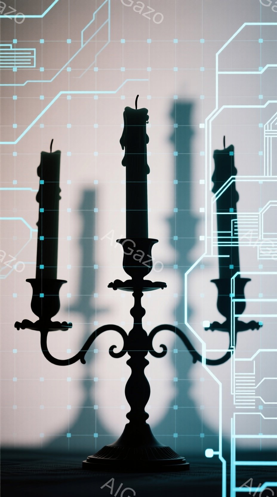 画像には、影が強調された燭台が写っており、３本のろうそくが立っている。背景はぼやけた光と、複雑な回路図のような青いラインが重なっており、未来的で神秘的な雰囲気を醸し出している。全体的に、ダークトーンでドラマチックな印象を与える写真である。