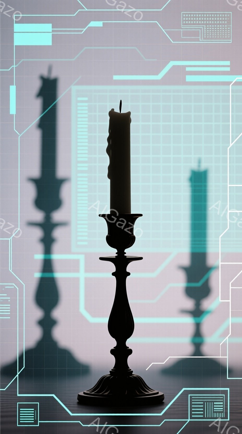 影が強調されたキャンドルスタンドが中央に配置され、複雑な装飾が施された黒いシルエットが印象的です。背景は薄いピンクと水色のグラデーションに、サイバーパンク風のグリッドパターンが重ねられており、未来的な雰囲気を醸し出しています。光と影のコントラストが強く、神秘的で少し不気味な印象を与えます。