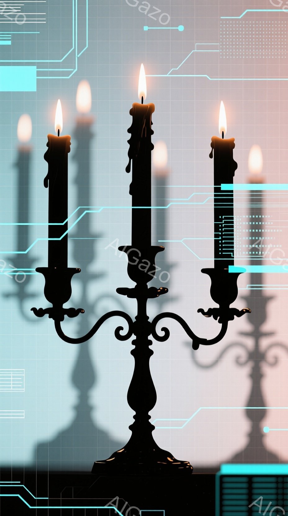 古びた燭台が、数本の燃える蝋燭を支えている様子が捉えられている。背景には、未来的な青色の回路図のような模様が抽象的に描かれており、光と影がドラマチックに演出されている。全体的に、クラシカルな燭台とモダンな背景のコントラストが印象的で、どこか幻想的な雰囲気を醸し出している。