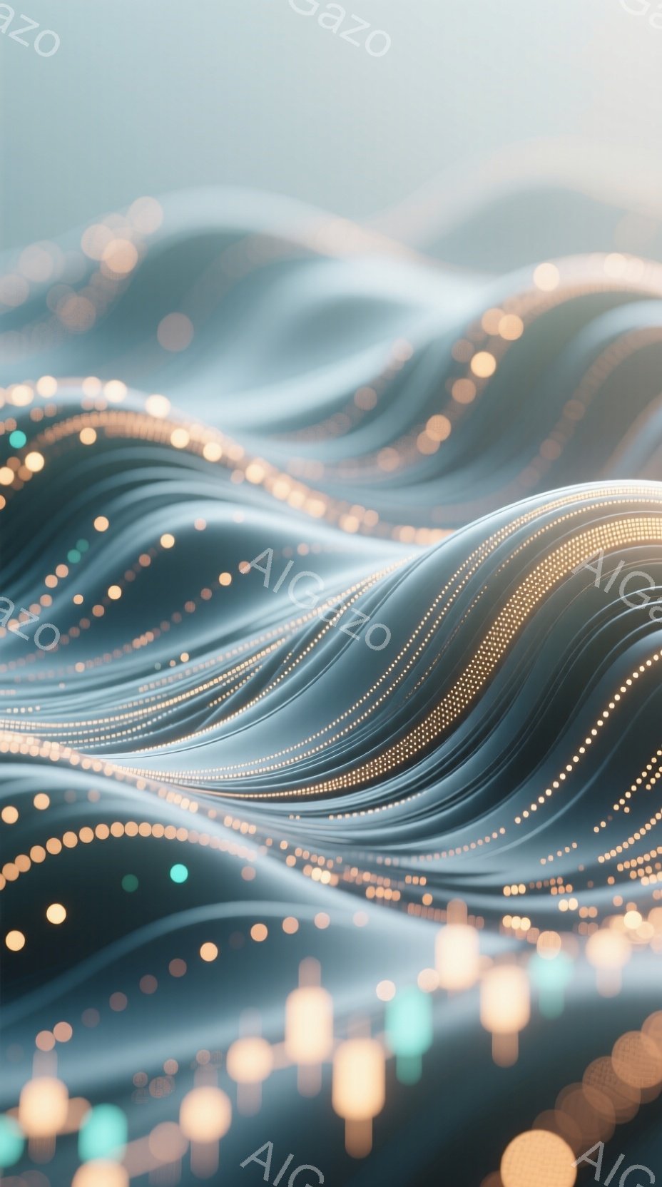 曲線的な光の帯が複雑に絡み合い、流れるような動きを表現している。深い青と明るい金色、水色の光点が、まるでオーロラや宇宙空間を想起させる幻想的な雰囲気を醸し出している。背景はぼやけており、抽象的な光の表現が際立っている。