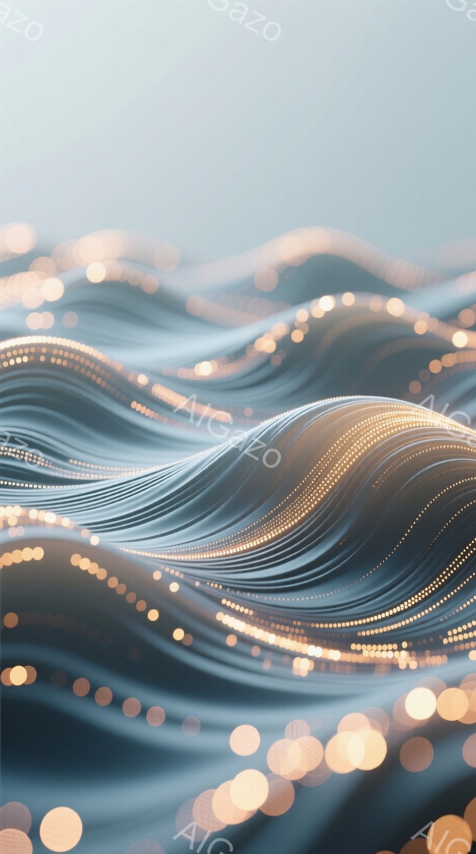 滑らかな曲線が幾重にも重なり合い、光の粒子が舞い散る抽象的なイメージです。深みのある青とグレーを基調とし、金色や黄色の光がアクセントとなり、幻想的な雰囲気を醸し出しています。流れるような曲線は、エネル - AI生成フリー素材