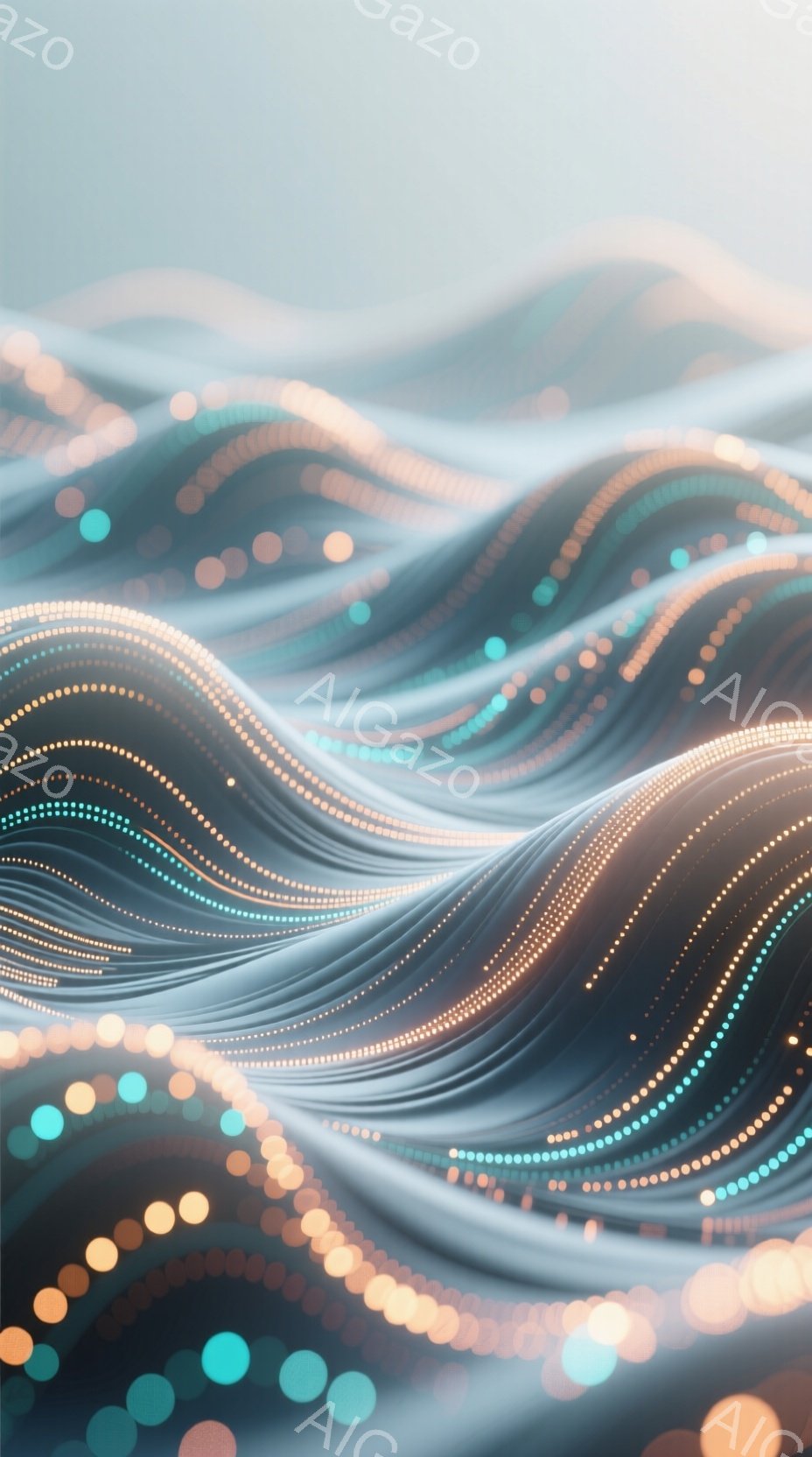 抽象的な光の波が渦巻く様子を描いた画像です。紺色を基調とした暗い背景に、金色の光の粒子と水色の光の粒子が、滑らかな曲線を描きながら流れています。全体的に流動的で神秘的な雰囲気が漂い、光が織りなす美しい模様が印象的です。