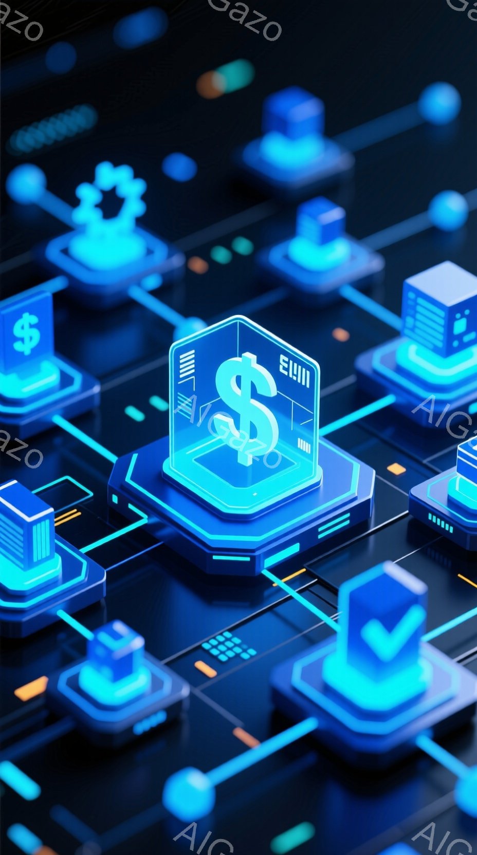 この画像は、未来的な青色のグリッド状の背景に配置された、様々な光沢のある青色の幾何学的な構造物の集合を描写しています。各構造物は、円筒形、立方体、または多角形のプラットフォームで構成され、一部にはドル記号やチェックマークのようなアイコンが表示されています。全体的な雰囲気は、テクノロジー、金融、接続性を示す、クールで未来的なデジタルランドスケープです。