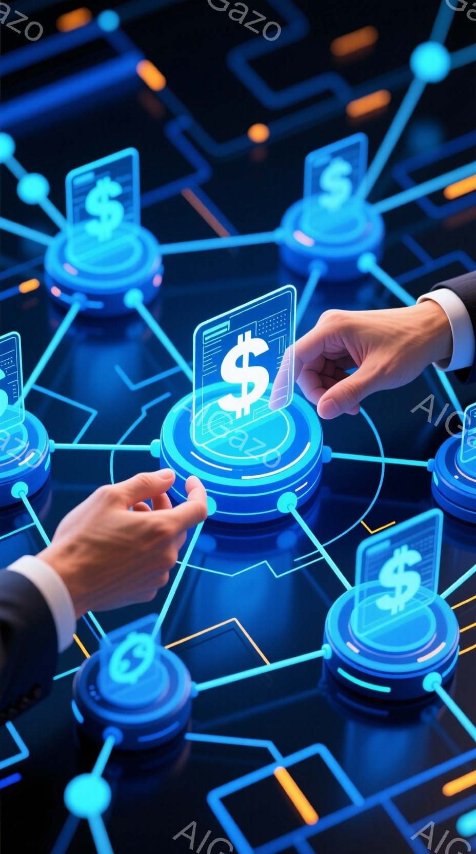 鮮やかな青色を基調とした画像で、複数の円形のプラットフォームがネットワークのように繋がっています。各プラットフォームには米ドル記号（$）が表示され、そのうちの一つを男性の手が掴もうとしています。背景には、未来的な回路図のような模様が広がり、金融やテクノロジーに関連する雰囲気を醸し出しています。