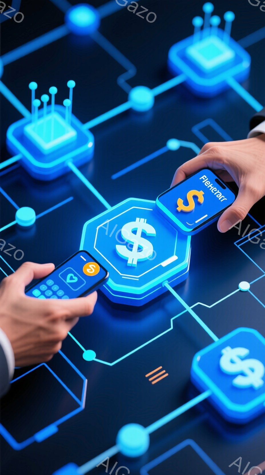 この画像は、青色の背景に、スマートフォンが2台、互いに向き合って配置されています。スマートフォンの画面には、それぞれハートとドル記号が表示された青い円形のアイコンが映し出されています。背景には、青色の光る線と、様々な形の青い立体的なオブジェクトが、ネットワークのような形で配置されており、全体的に近未来的な雰囲気を醸し出しています。