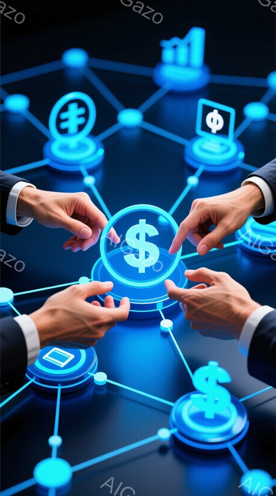 暗い背景に、複数の発光する円形のボタンがネットワーク状に繋がっており、その上に手が伸びています。ボタンにはドル記号やその他のシンボルが描かれており、金融やテクノロジーを連想させます。全体的にクールで未来的な雰囲気が漂い、デジタル経済や金融取引のイメージを表現しているようです。