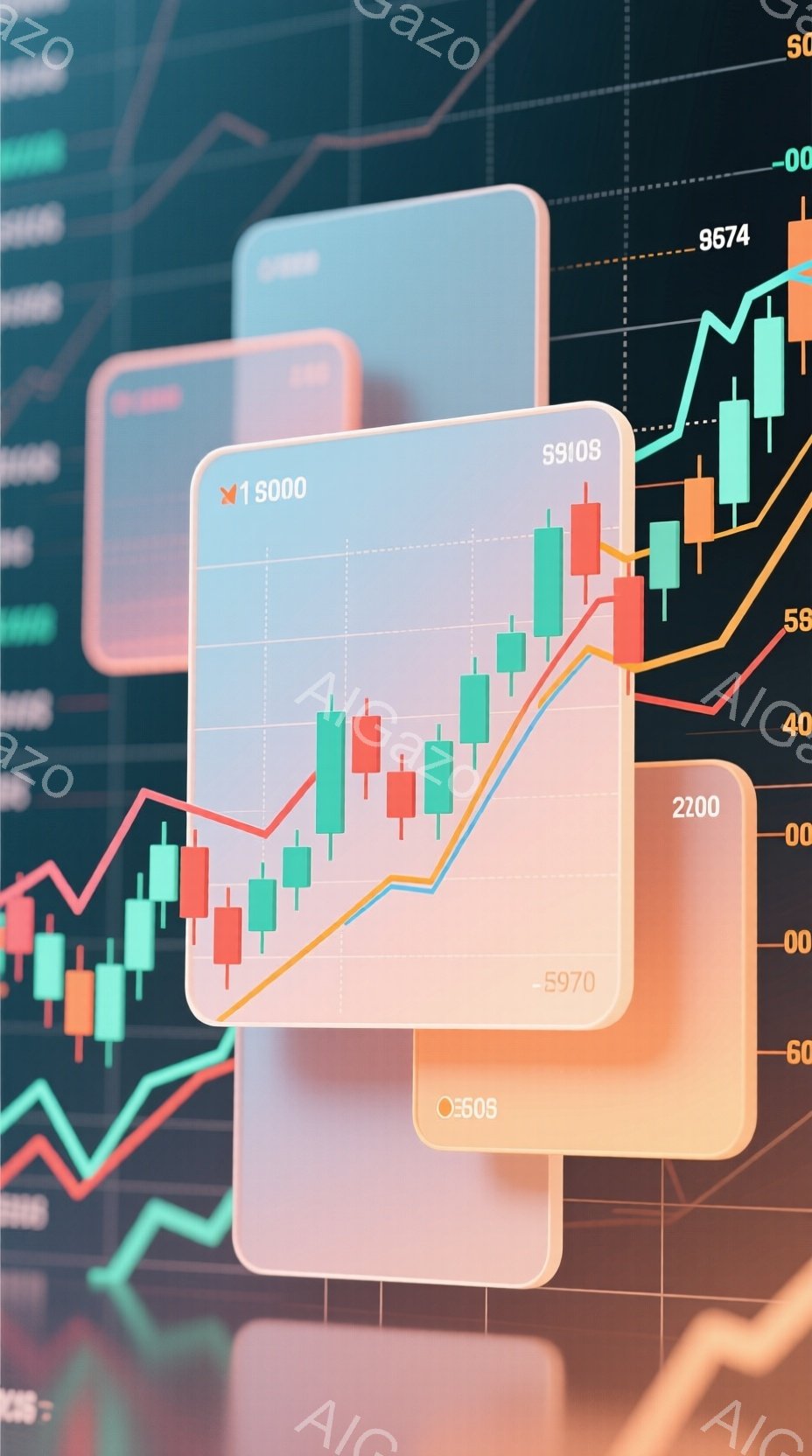 この画像は、様々なチャートと線グラフが重なり合った金融市場のイメージです。緑と赤のローソク足チャートが主要な要素で、数値（5970、6505、9108、5000）が各チャートに表示されています。全体的 - AI生成フリー素材