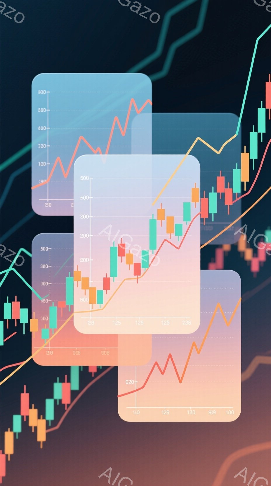この画像は、複数のチャートが重ねられた抽象的な金融市場の視覚表現です。各チャートは、緑と赤のキャンドルスティックで構成された株価の変動を示しており、オレンジ色の線グラフがトレンドを示しています。全体的 - AI生成フリー素材