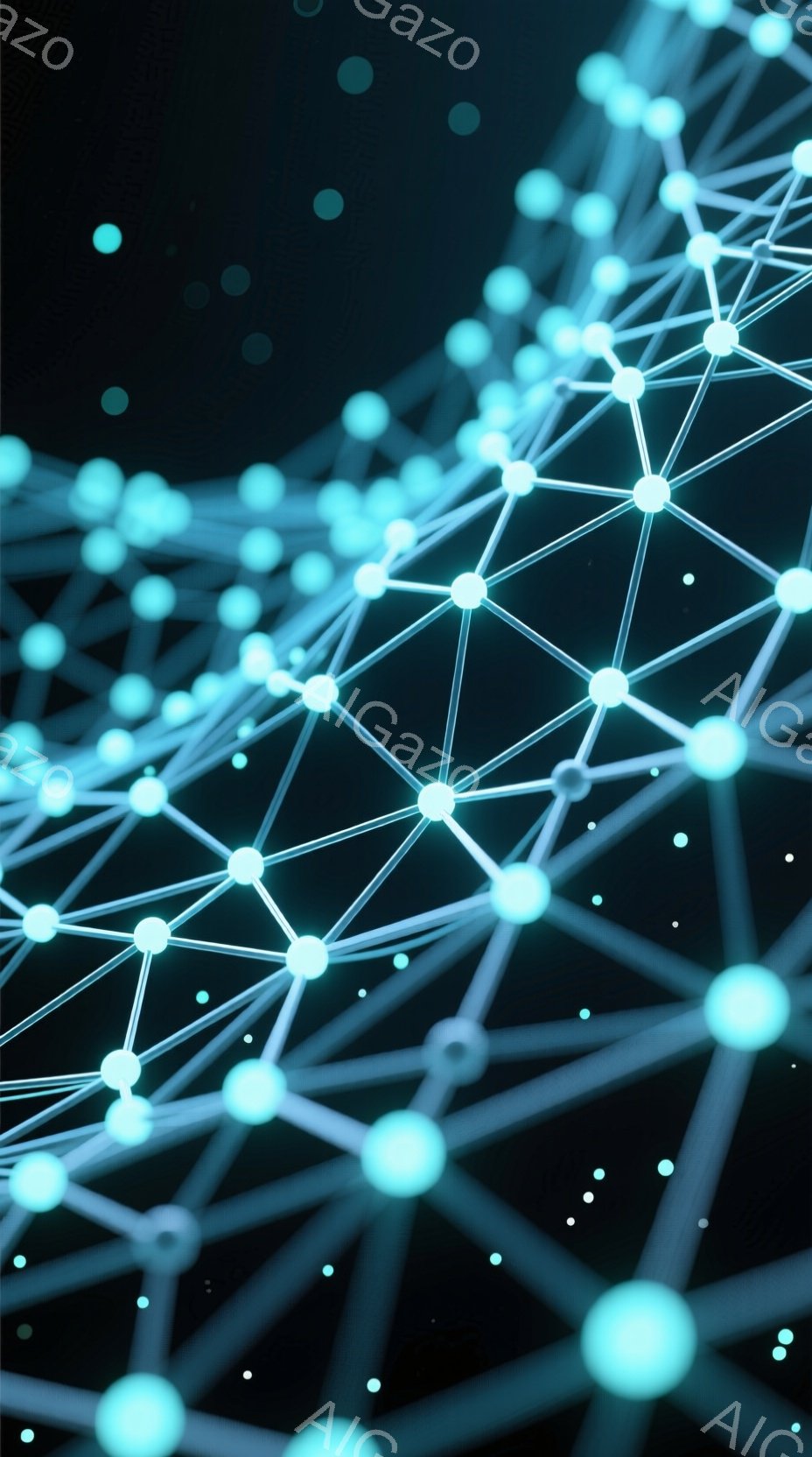 この画像は、明るい水色の光る球体とそれらを結ぶ細い線で構成された抽象的なネットワークを表しています。球体は様々な大きさで、奥行き感のある暗い背景に浮かび、まるで星雲やデジタル空間を連想させます。全体的に未来的な雰囲気で、繋がりや情報の流れを象徴しているように見えます。