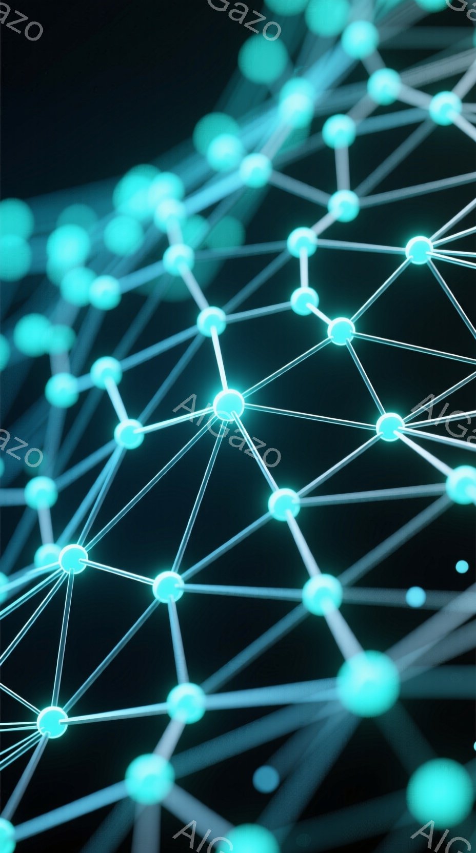この画像は、暗い背景に浮かぶ、光る青い球体と白い線で構成されたネットワーク状の抽象的な表現です。球体はネットワークのノードのように配置され、線はそれらを繋いで複雑な構造を作り出しています。全体的に近未 - AI生成フリー素材