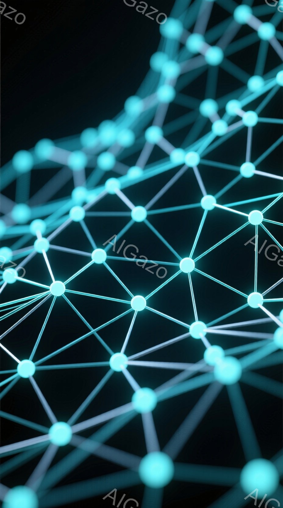 鮮やかなターコイズブルーの線で構成されたネットワークが、暗い背景の中に広がっている。線は多数の点を結びつけ、複雑な幾何学模様を形成しており、まるで分子構造やデータ接続を視覚化したような印象を与える。全 - AI生成フリー素材