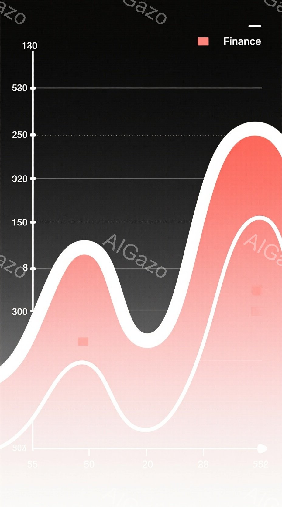 この画像は、淡いピンク色の曲線が特徴的なグラフです。数値が横軸に配置され、垂直軸に沿って曲線が上下に変動しています。背景は黒で、曲線の一部に「Finance」というテキストが小さく表示されています。 - AI生成フリー素材