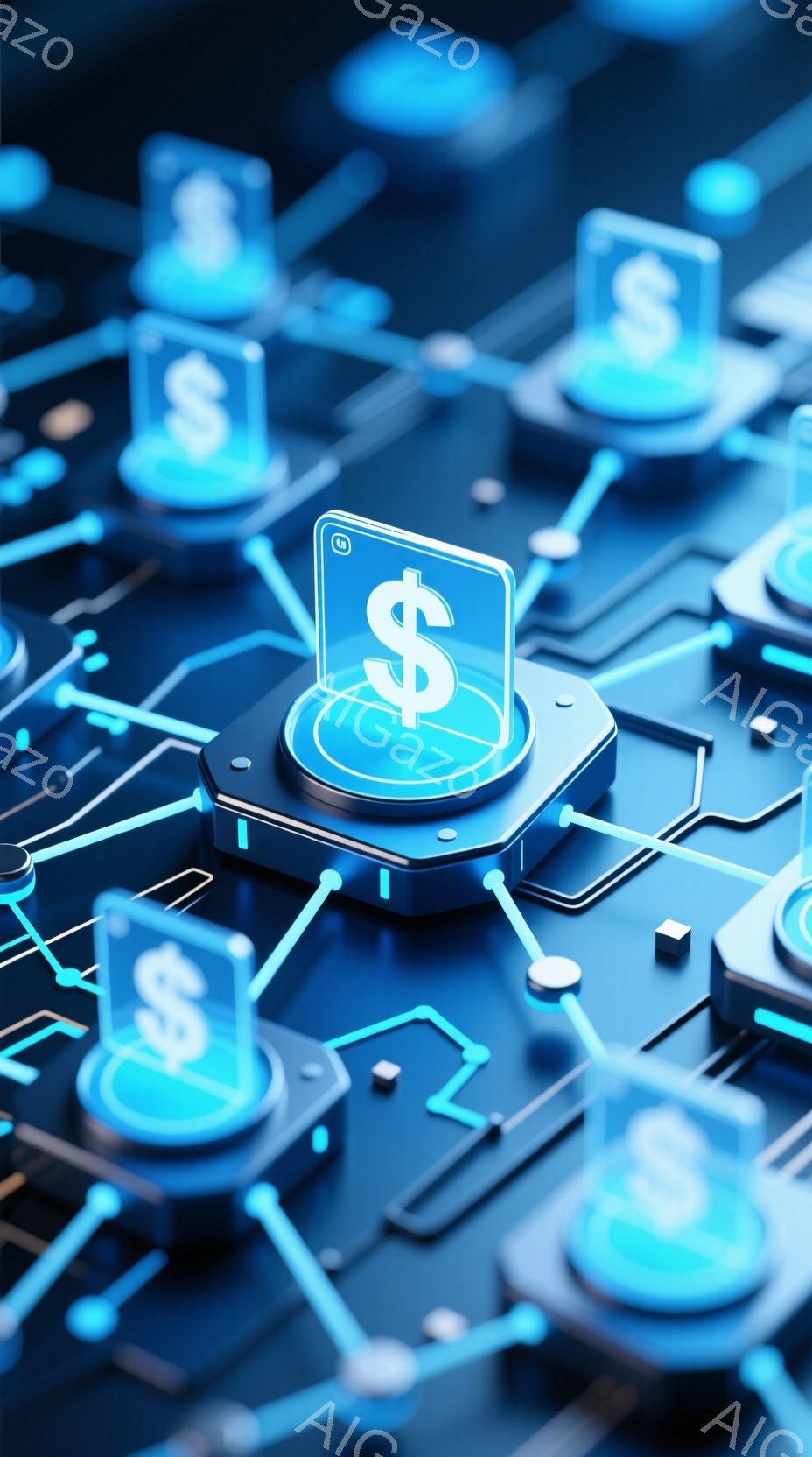この画像は、青色の回路基板のような背景に、ドル記号($)が表示された光る立方体が複数配置された様子を捉えています。立方体同士は細い白い線で接続されており、データのネットワークや金融取引を連想させる未来的な印象を与えます。全体的にクールでテクノロジー色が強く、デジタル通貨や金融技術に関連するビジュアルとして機能しています。