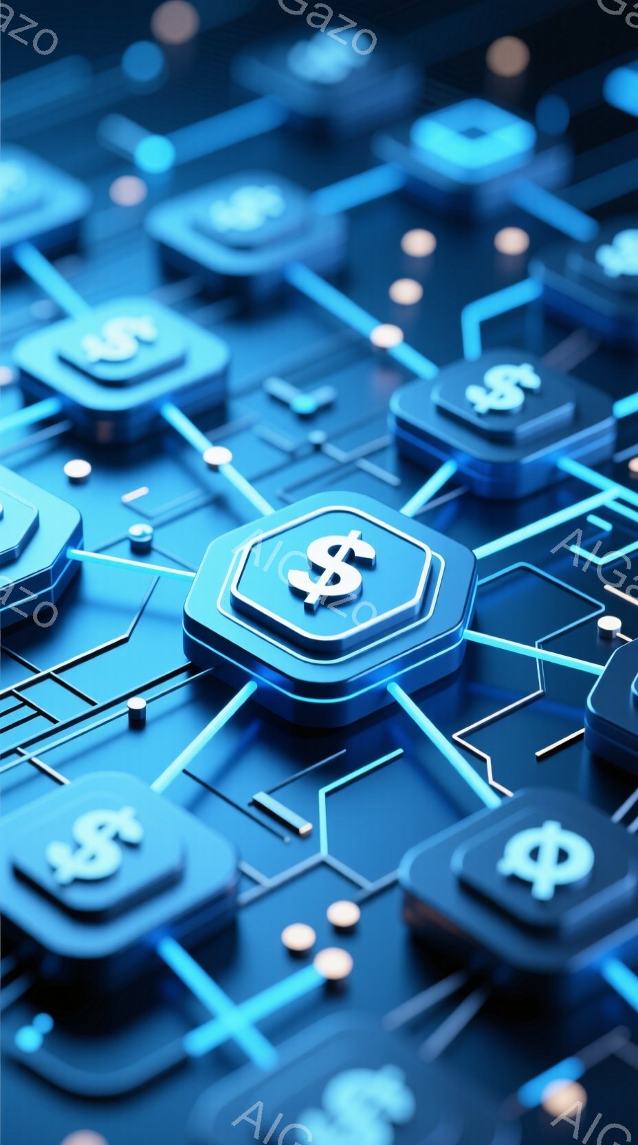 この画像は、青を基調とした未来的な回路のような背景に、ドル記号($)が刻印された六角形のプレートが配置されたクローズアップ写真です。プレートは立体的に表現されており、光沢があり、まるでデジタル通貨や金融ネットワークを象徴しているかのようです。全体的に、テクノロジー、金融、そして未来的なつながりを連想させる雰囲気です。
