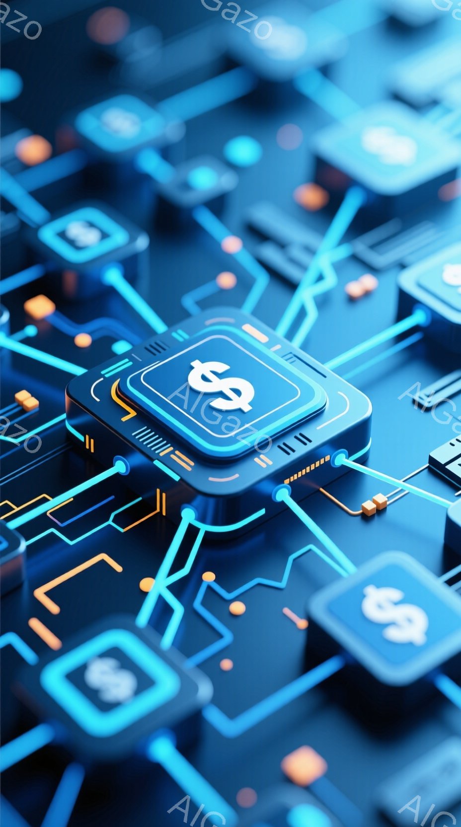 この画像は、青を基調とした回路基板のような背景に、ドル記号($)が描かれた四角いボタンが複数並んでいる様子を捉えています。ボタンは光沢のある質感で、背景の線と組み合わさり、テクノロジーや金融を連想させる未来的な雰囲気を醸し出しています。全体的に鮮やかで、デジタル通貨やオンライン取引といったイメージを喚起させるデザインです。