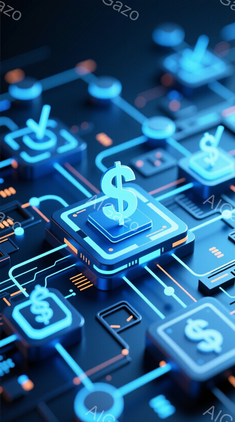 この画像は、未来的な回路基板のような背景に、明るいネオンブルーとオレンジ色の光を放つドル記号($)が配置された立方体構造が複数並んでいる様子を描写しています。各立方体は、細い光の線で結ばれており、全体としてテクノロジーと金融を象徴するような、クールで未来的な雰囲気を醸し出しています。このデザインは、デジタル通貨やオンライン取引を連想させます。