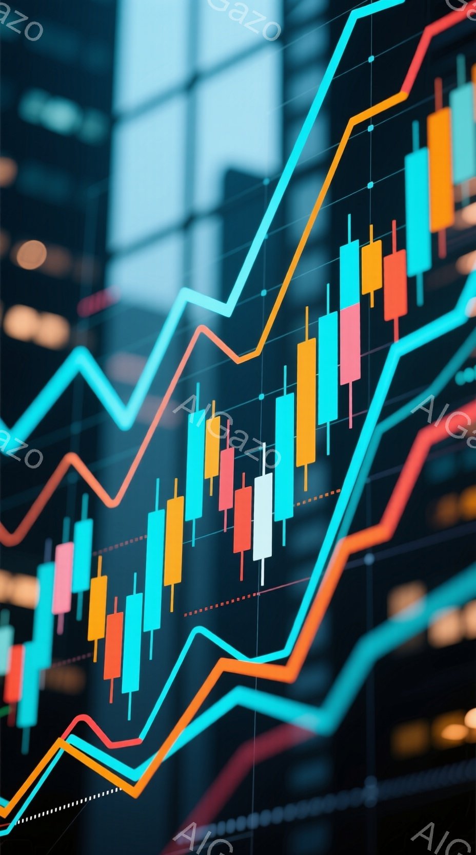 画像は、鮮やかな色のキャンドルスティックチャートが重なり合って上昇する様子を捉えたものです。背景はぼやけた都市の夜景で、明るい光が点在し、金融市場の活気とダイナミズムを表現しています。全体的に、投資や経済成長を象徴するような、力強くポジティブな雰囲気です。