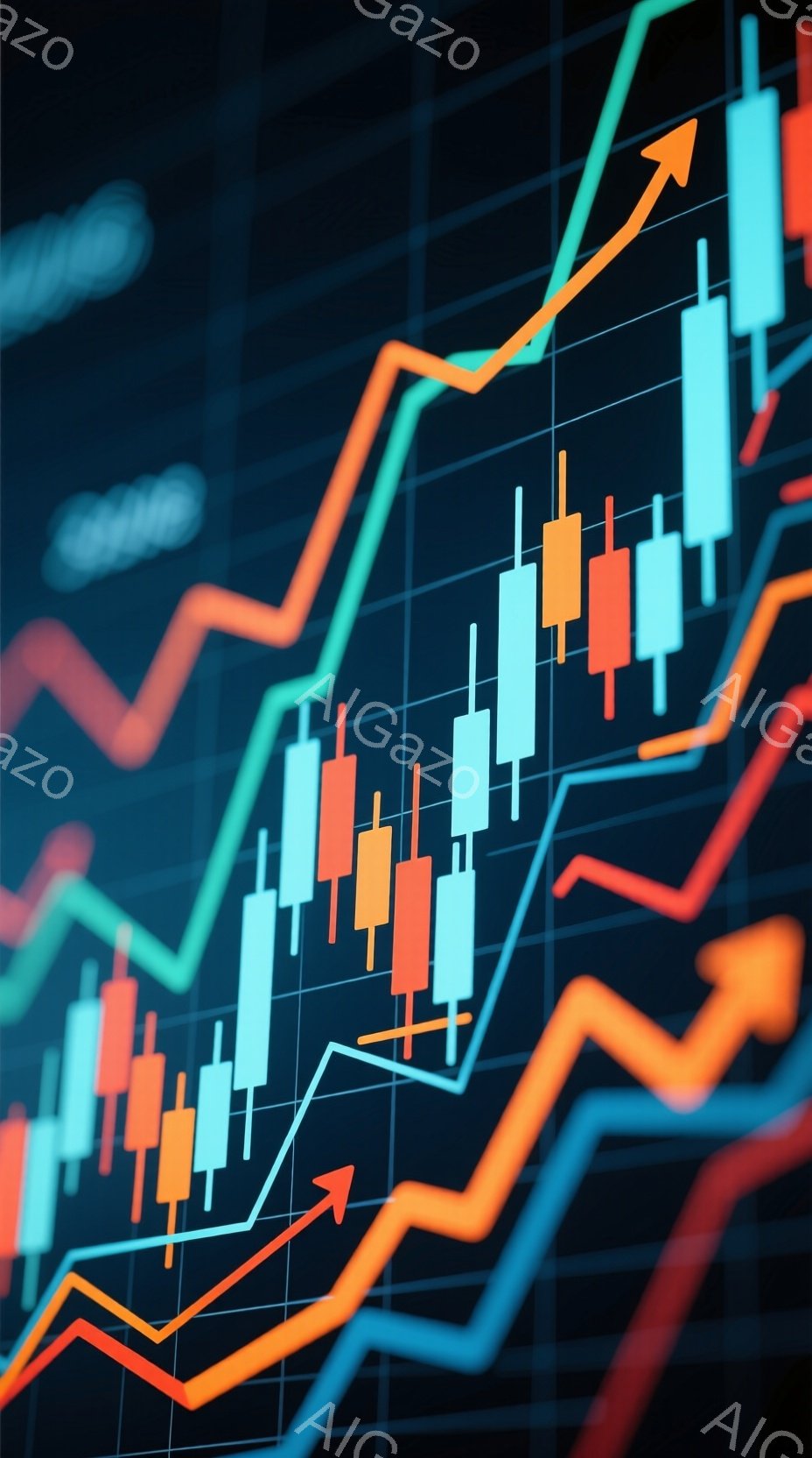 この画像は、金融市場のチャートを表しており、複数の色の線が上昇または下降する様子が描かれています。特に、青、赤、オレンジの線が目立ち、それぞれが異なる期間における株価や市場のトレンドを示唆しています。 - AI生成フリー素材