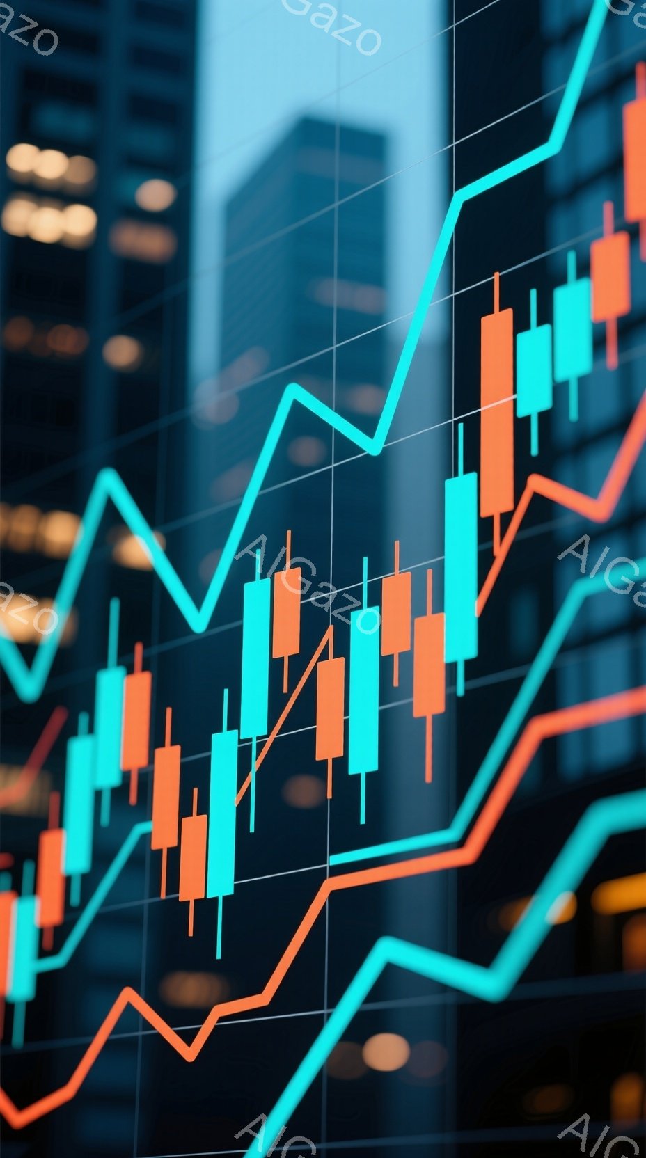 この画像は、金融市場のトレンドを示すキャンドルスティックチャートと折れ線グラフが重ねられた様子を捉えています。背景には、ぼやけた高層ビル群が広がり、夜景の光がわずかに見えます。全体的に、市場の変動と経済的な不確実性を暗示する、ダイナミックで複雑な雰囲気です。