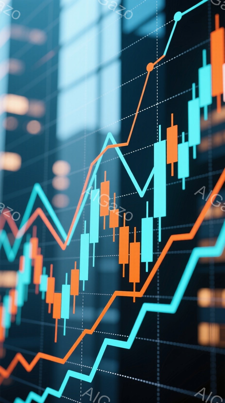 この画像は、金融市場のチャートを抽象的に表現したものです。オレンジ色と水色の折れ線グラフが、バーチャートの上に重ねられ、上昇と下降を示すダイナミックな動きを強調しています。背景にはぼやけた都市のスカイ - AI生成フリー素材