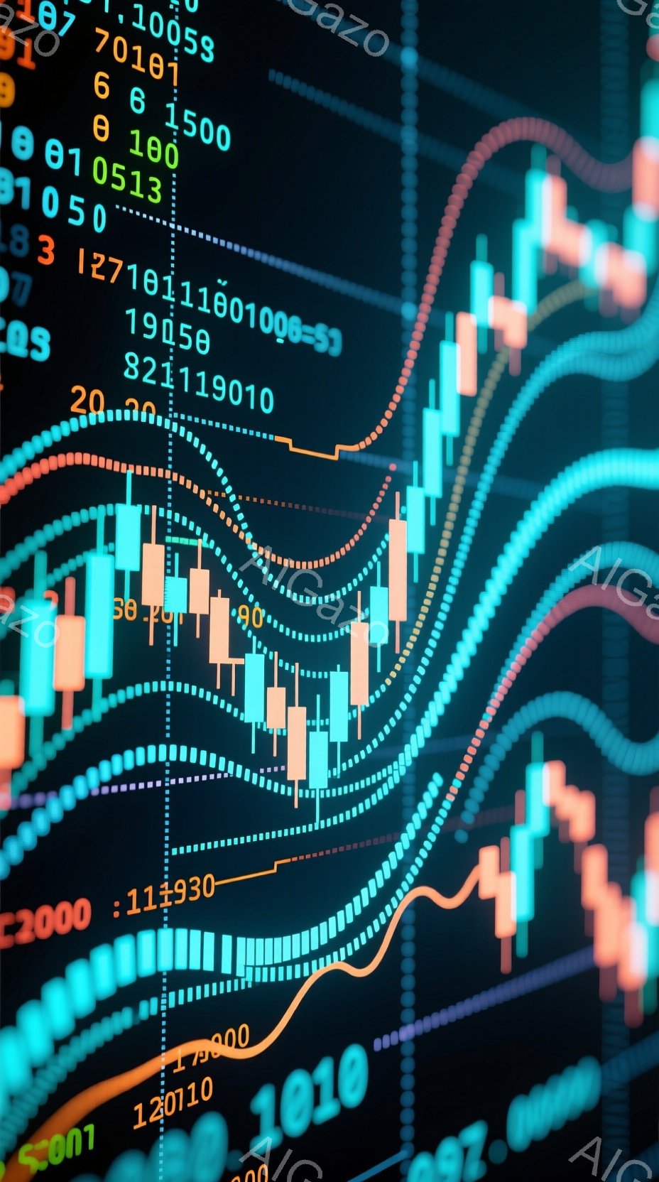 この画像は、金融市場のチャートを抽象的に表現したものです。鮮やかな緑と赤の棒グラフが複雑に絡み合い、背景には無数の白い点線が流れるように描かれています。全体的に、活気と変動に満ちた金融市場のダイナミッ - AI生成フリー素材