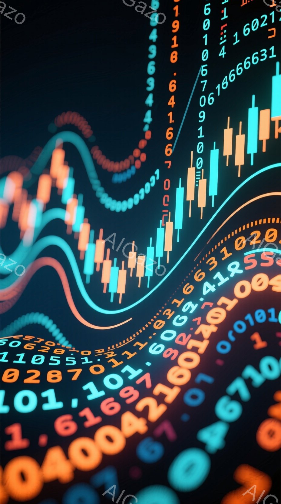 この画像は、金融市場のチャートと数字が背景に散りばめられた抽象的なデザインです。鮮やかな緑とオレンジの柱状グラフが、複雑な曲線と組み合わさり、活気のある印象を与えています。背景には、さまざまな大きさの - AI生成フリー素材